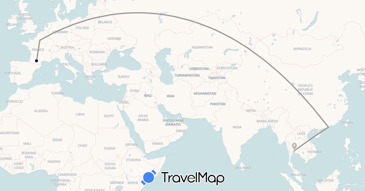 TravelMap itinerary: driving, plane in France, Hong Kong, Thailand (Asia, Europe)